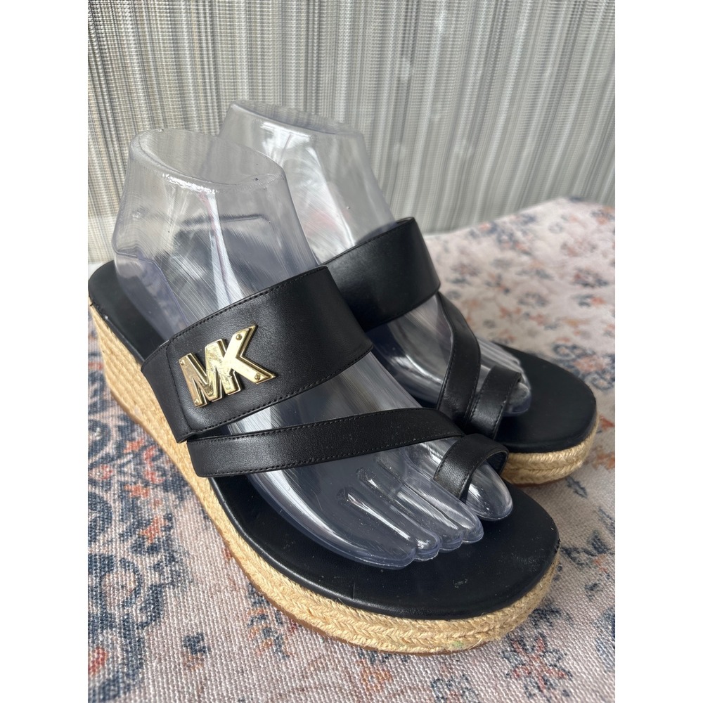 Michael Kors Black Leather Espadrille Wedge Sandals Toe Loop Platform Slides